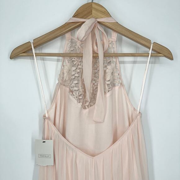 ZARA Chiffon Halter Maxi Dress Lace Crochet Grecian, Pale Pink NWOT - Picture 8 of 11